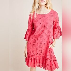 Anthropologie Romantic Dani Lace Tunic dress pink Coral Cotton Eyelet Size 2